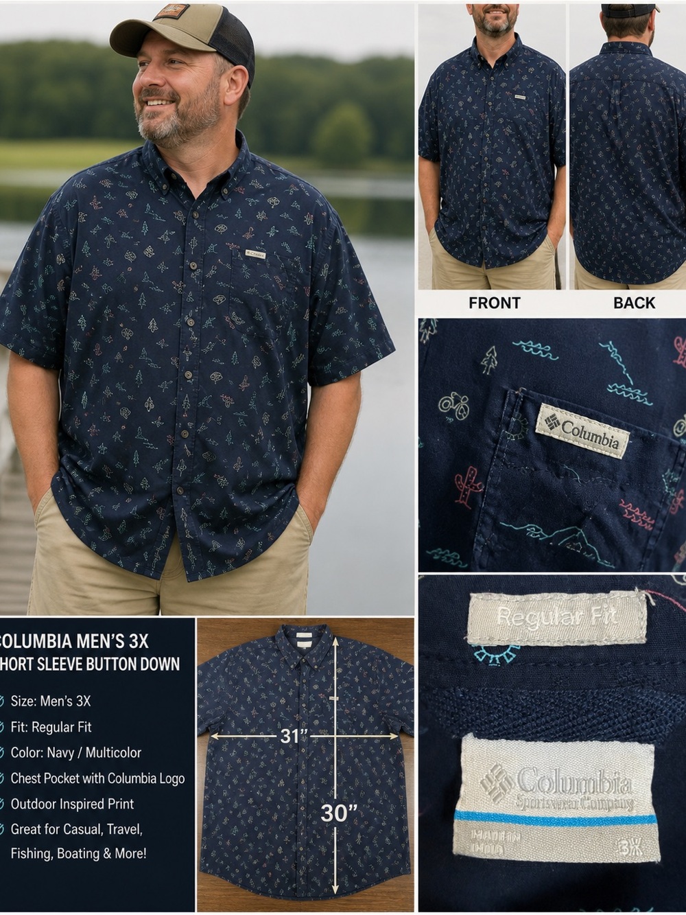 Columbia Navy Short-Sleeve Button-Down with Multicolor Outdoor Print